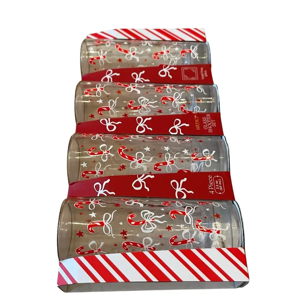 Christmas Candy Canes & Bows Shot Glasses Set of 4 Chic Holiday Barware New